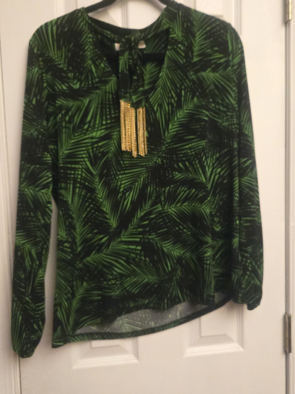 Michael Kors Green Palm-Print Long-Sleeve Blouse with Tassel Detail